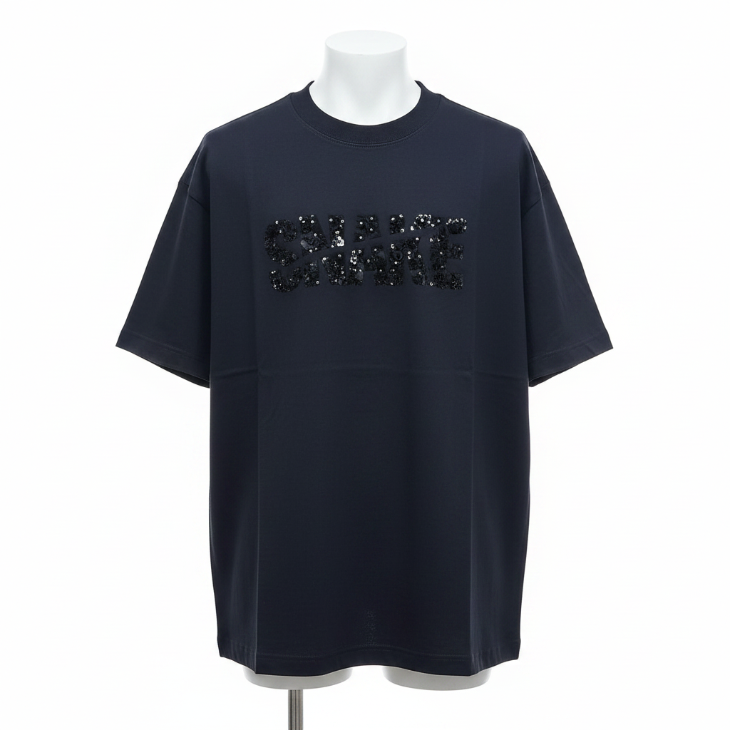 Black Snake Sequin Embellished Oversized Tee - Ghost Mannequin Front