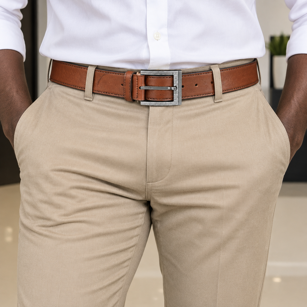 Cognac-brown belt styled with beige trousers