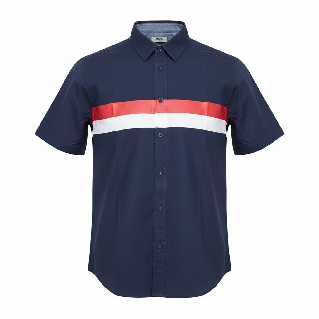 Navy blue stripe short-sleeved shirt ghost mannequin front view