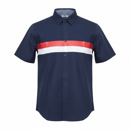 Navy blue stripe short-sleeved shirt ghost mannequin front view
