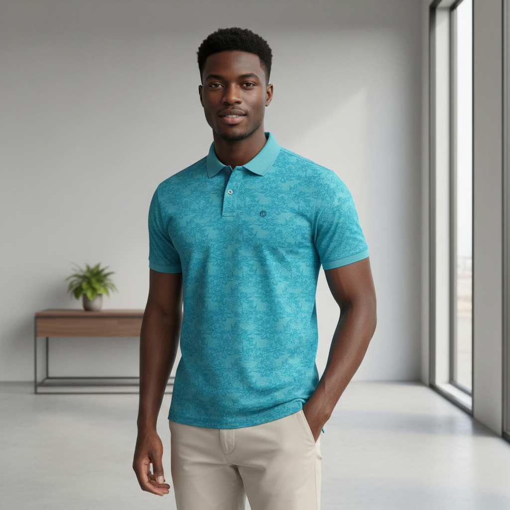 Young Nigerian male model wearing teal floral jacquard polo shirt