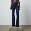 Dark Blue Cross-Waistband Flare Jeans – Front Model