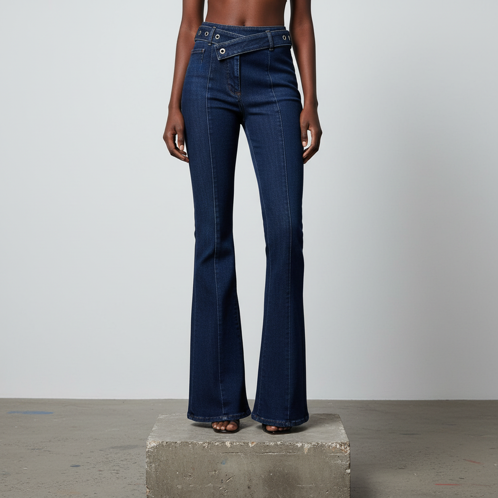 Dark Blue Cross-Waistband Flare Jeans – Front Model