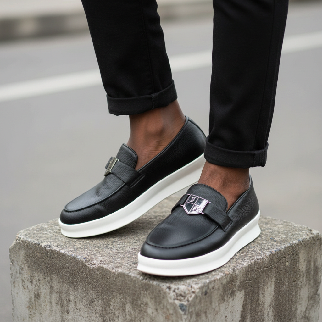 Men's Black Leather Platform Slip-On Loafer – Leg Shot