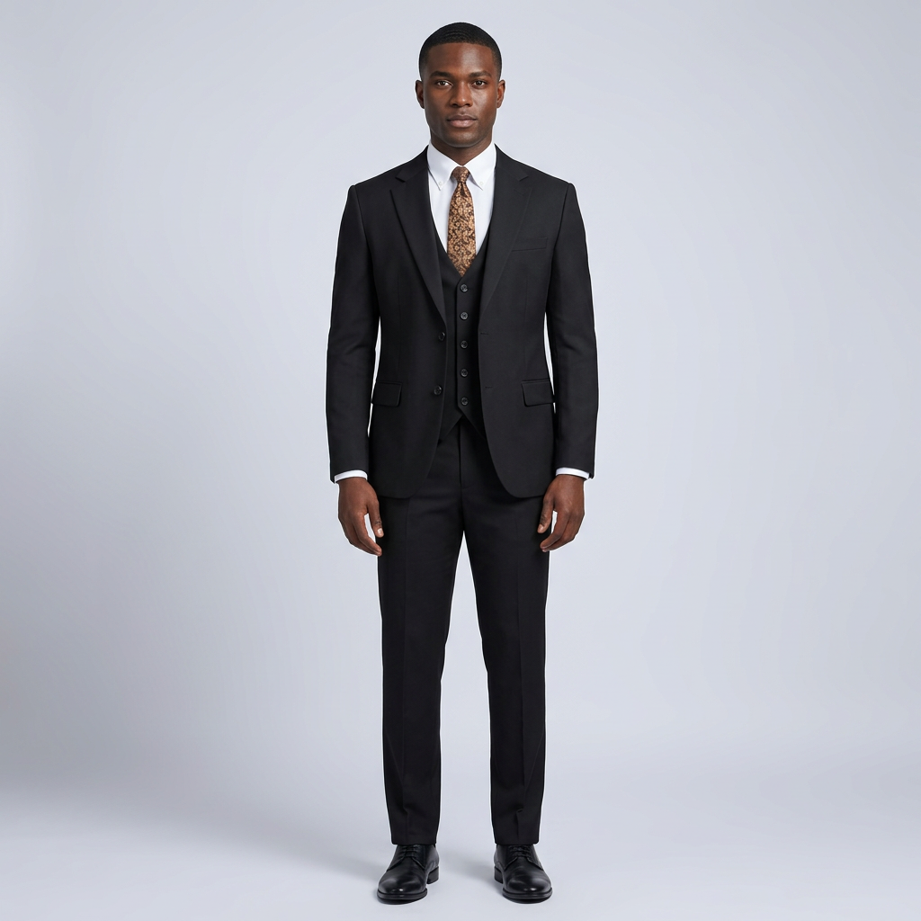 Full-body Black adult model wearing a black three-piece suit