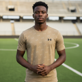 Men's Khaki Monogram Pattern Sports Crew-Neck Performance T-Shirt – Nigerian Male Model Sports Setting