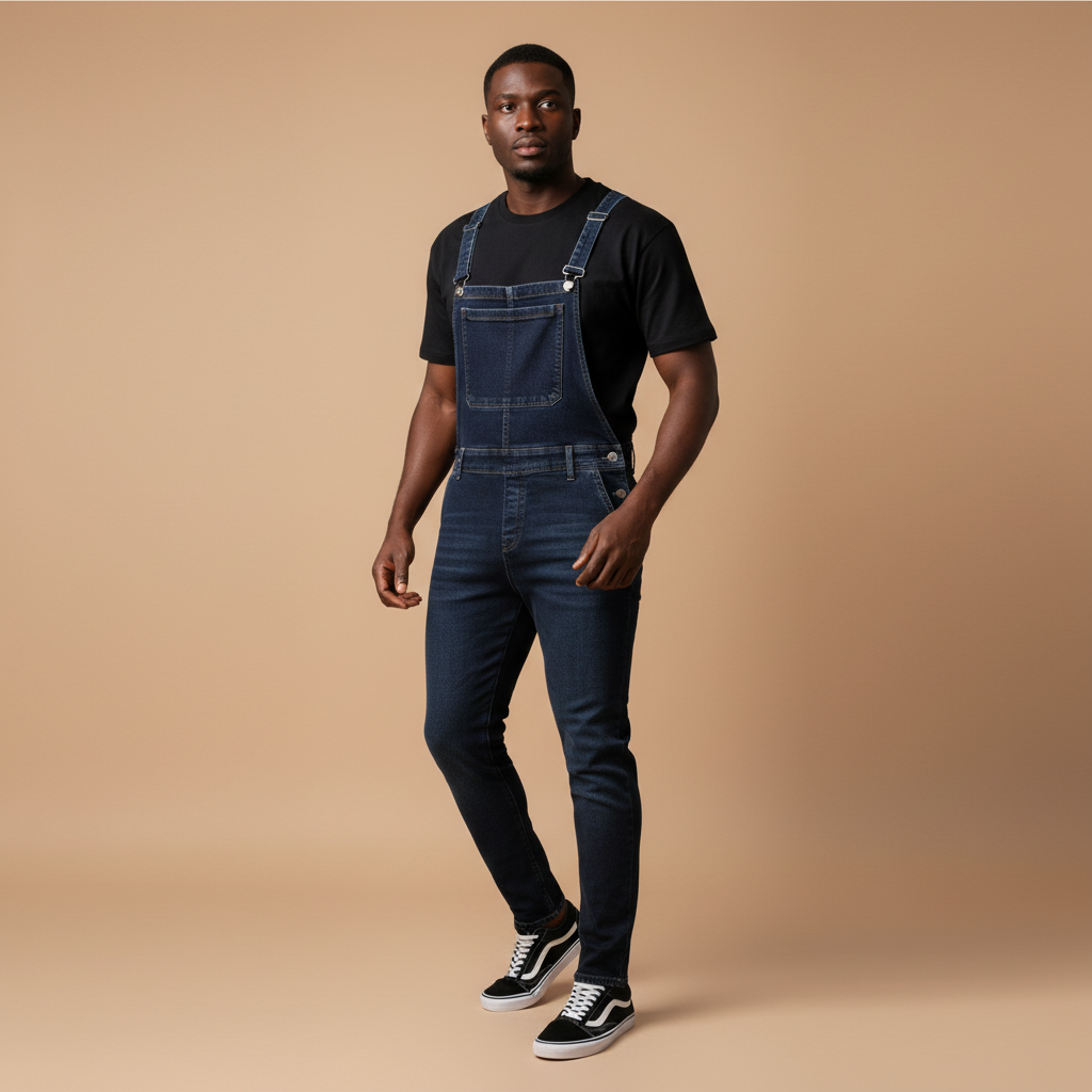 Man wearing dark indigo denim bib overalls over a black t-shirt