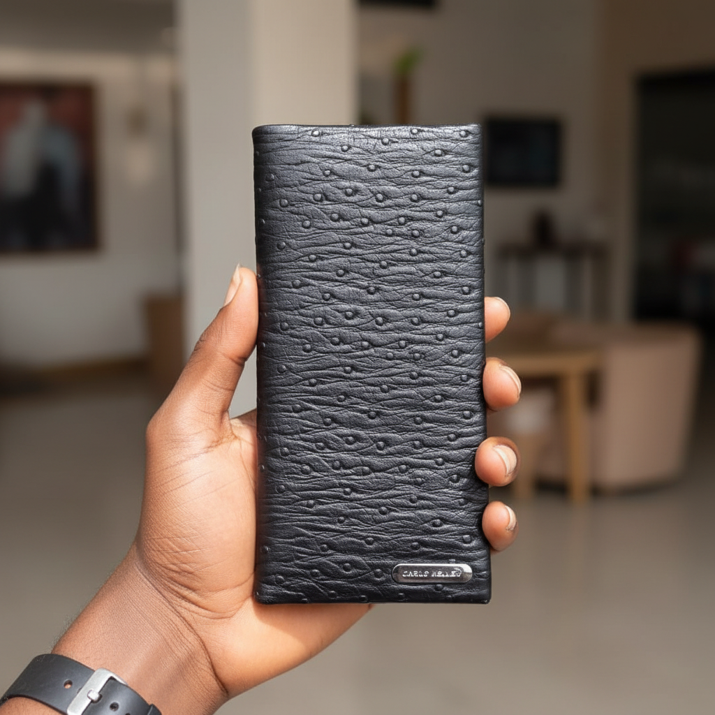 Male model hand holding leather wallet