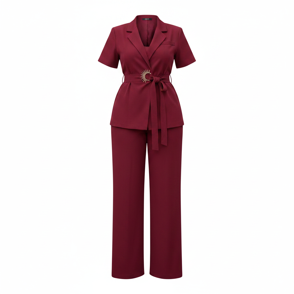 Women's short-sleeve tie-waist blazer co-ord set in burgundy – ghost mannequin front view