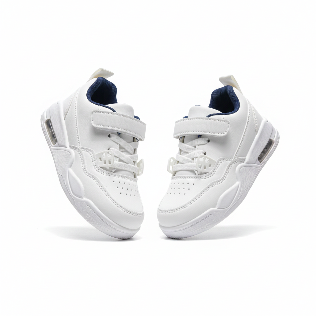 Kids white and navy velcro sneaker - ghost mannequin pair view