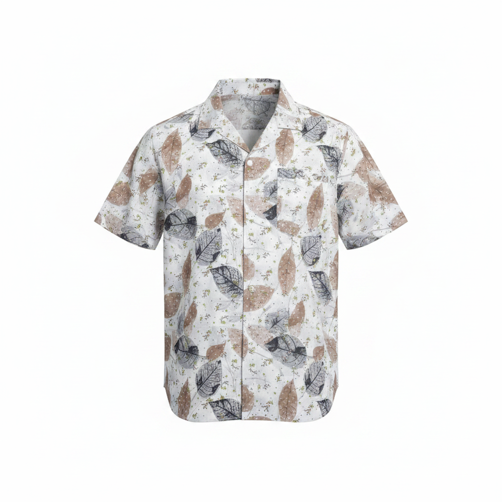 Ghost mannequin of white botanical leaf print short-sleeved shirt on white background