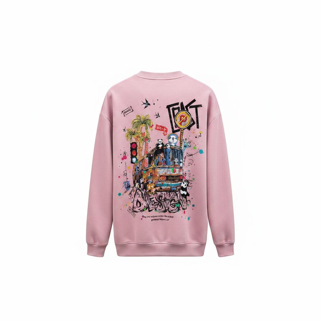 Unisex pink illustrated cartoon bus graphic sweatshirt – ghost mannequin back view