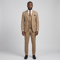 Full-body Black adult model wearing a tan textured three-piece suit