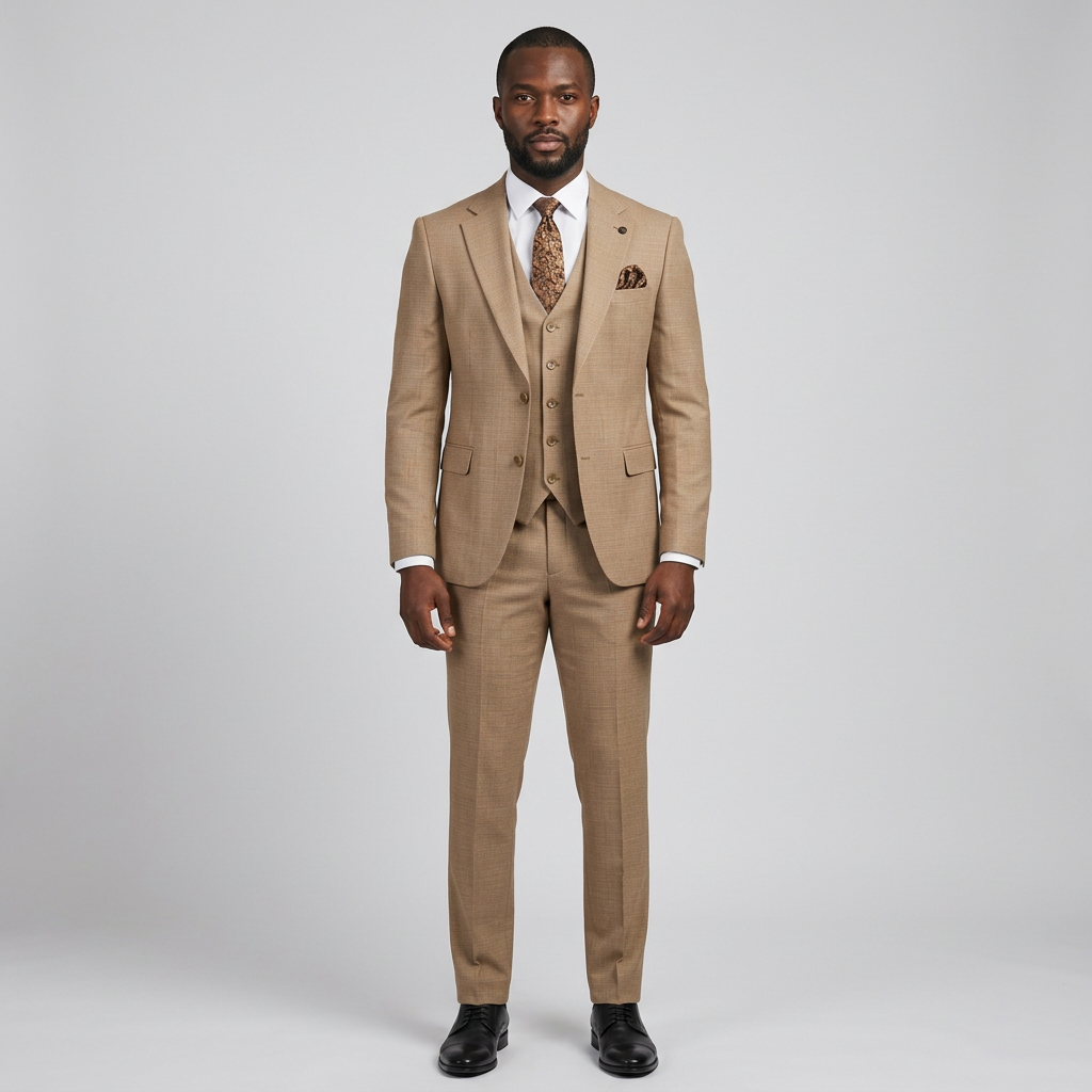 Full-body Black adult model wearing a tan textured three-piece suit
