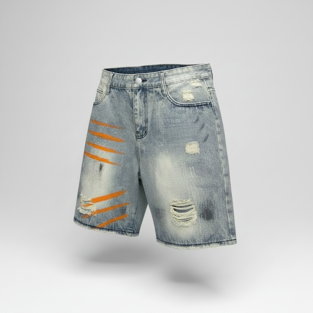 Ripped paint stroke denim shorts invisible mannequin view
