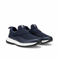 Men's navy blue mesh and leather slip-on sneakers with white sole pair product shot
