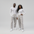 African Nigerian couple wearing unisex light grey relaxed straight-leg sweatpants