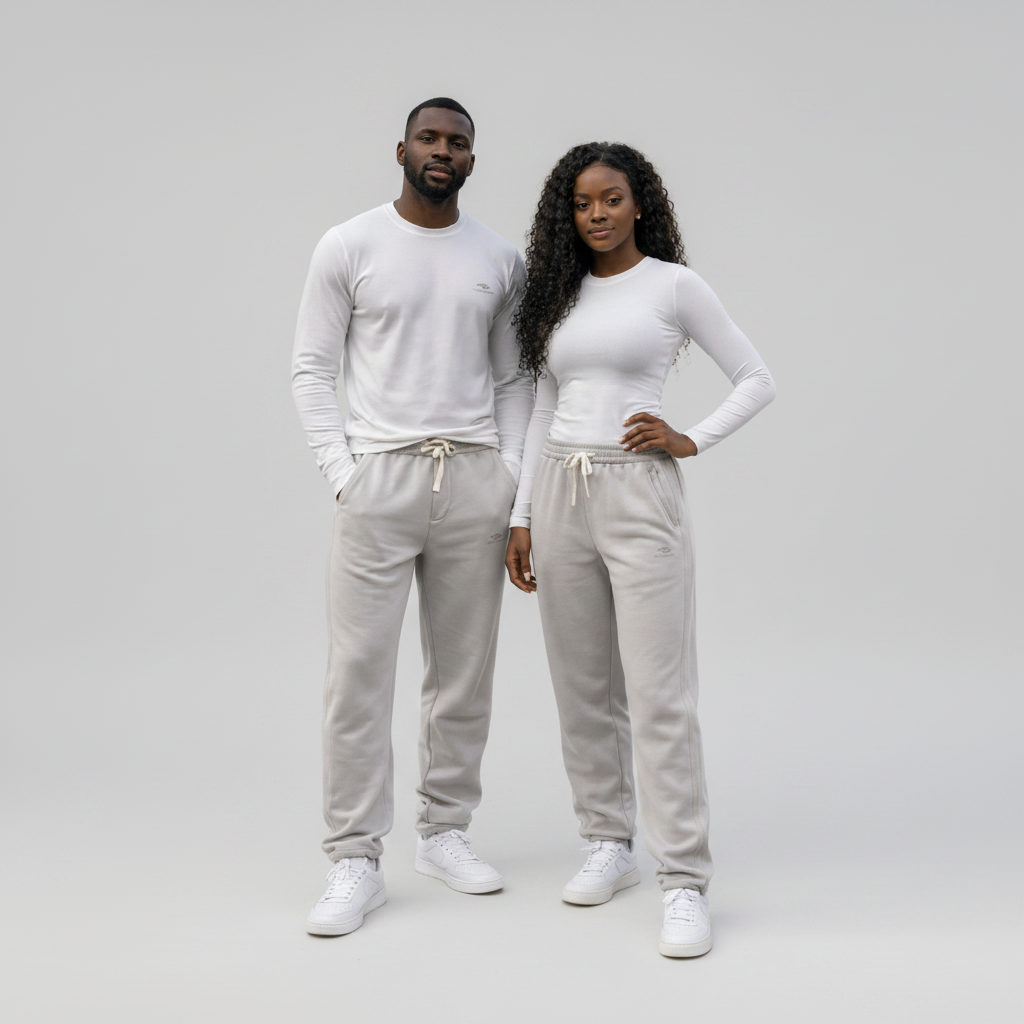 African Nigerian couple wearing unisex light grey relaxed straight-leg sweatpants