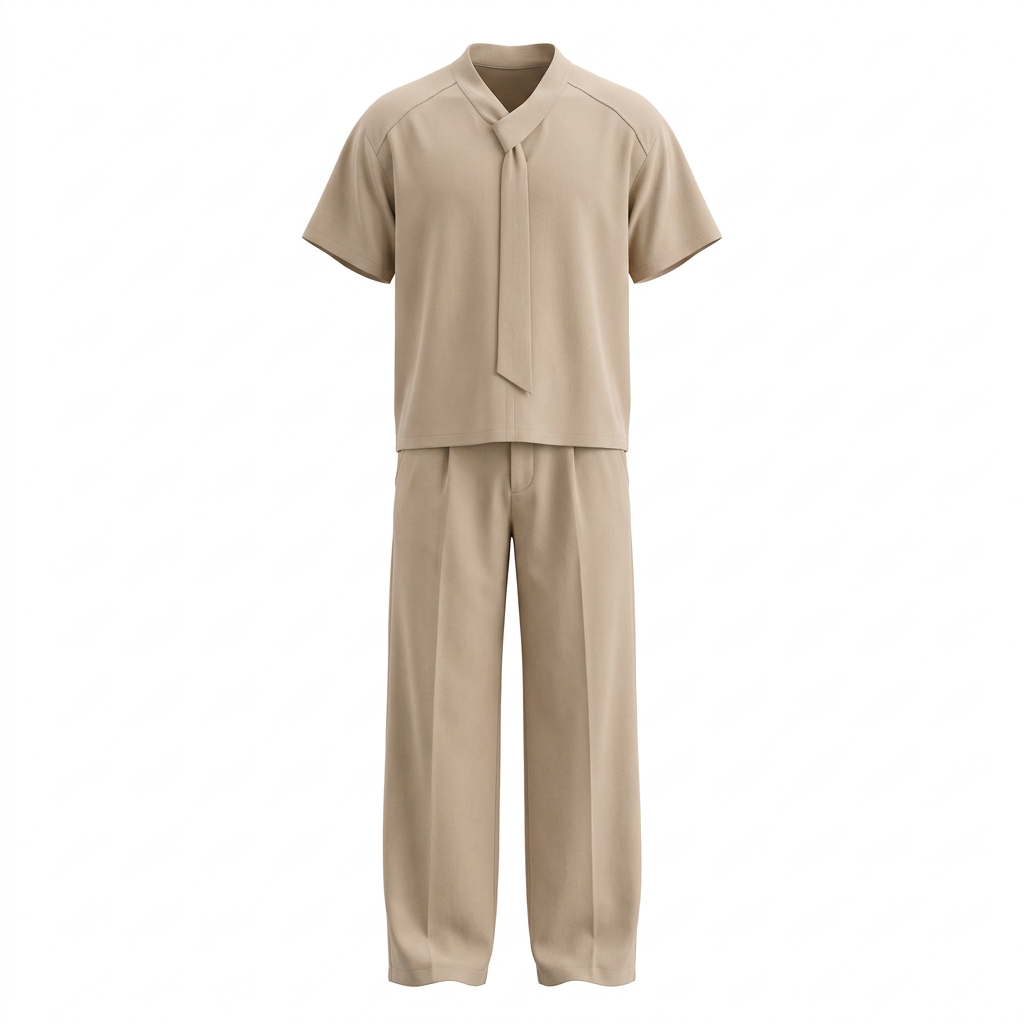 Beige tie-neck shirt and wide-leg trouser set in shaped ghost mannequin view