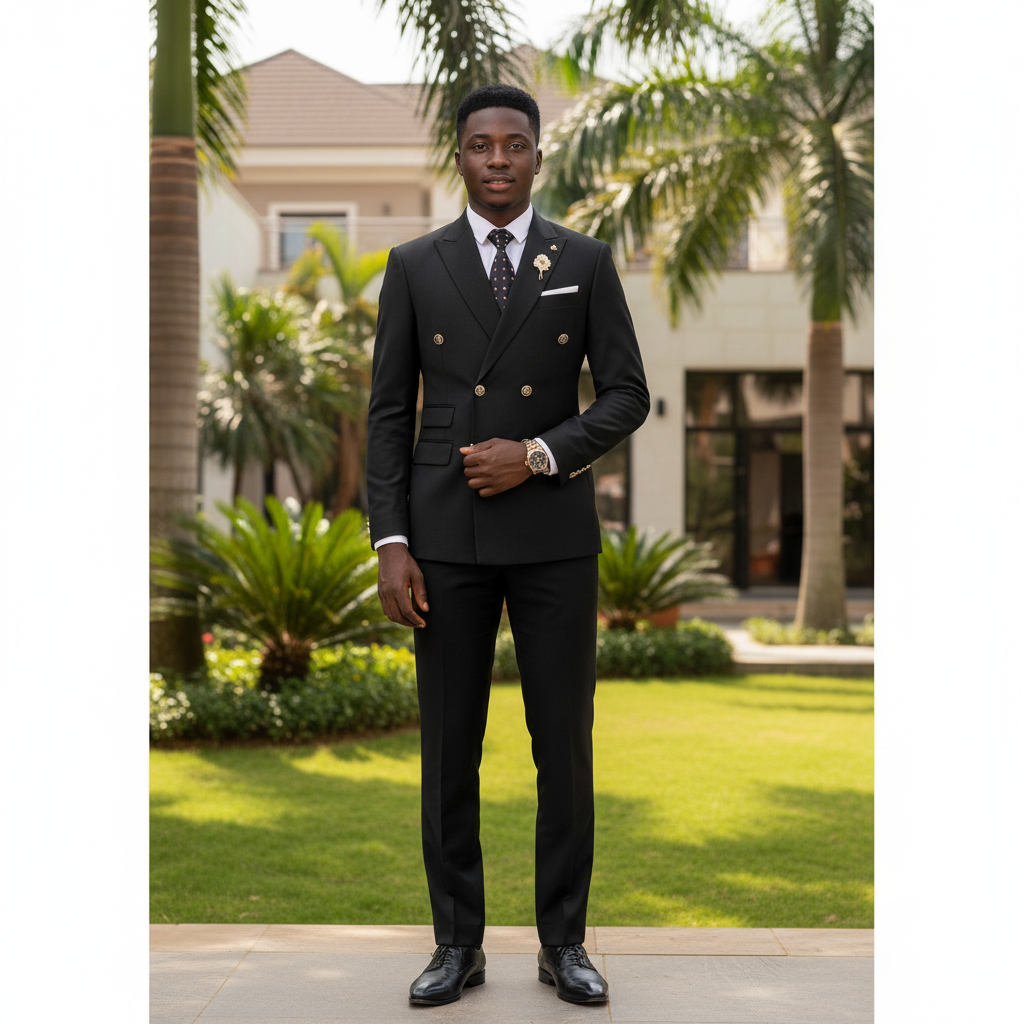 Nigerian male model wearing black double-breasted gold button peak lapel suit