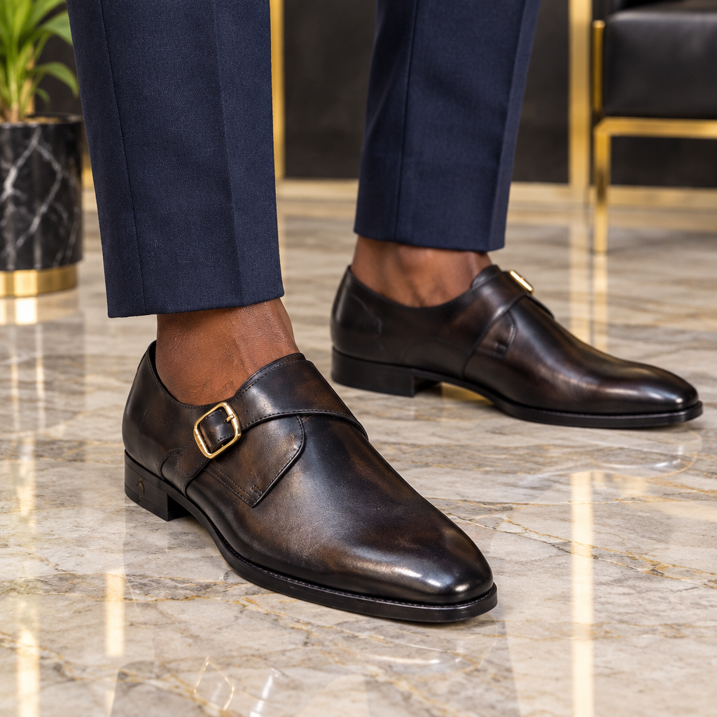 Dark Burnished Leather Single Monk Strap Dress Shoe - Model Shot