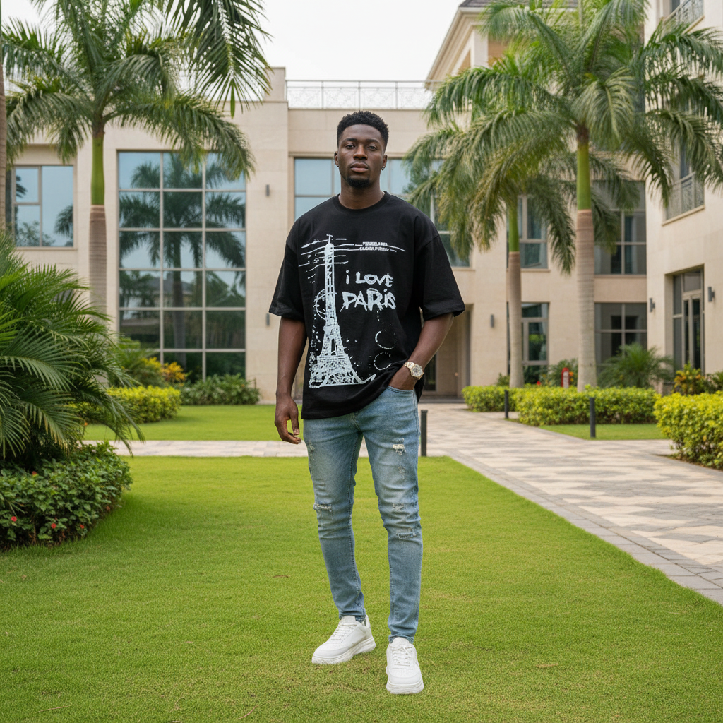 Nigerian male model wearing black Paris sketch graphic tee – front view