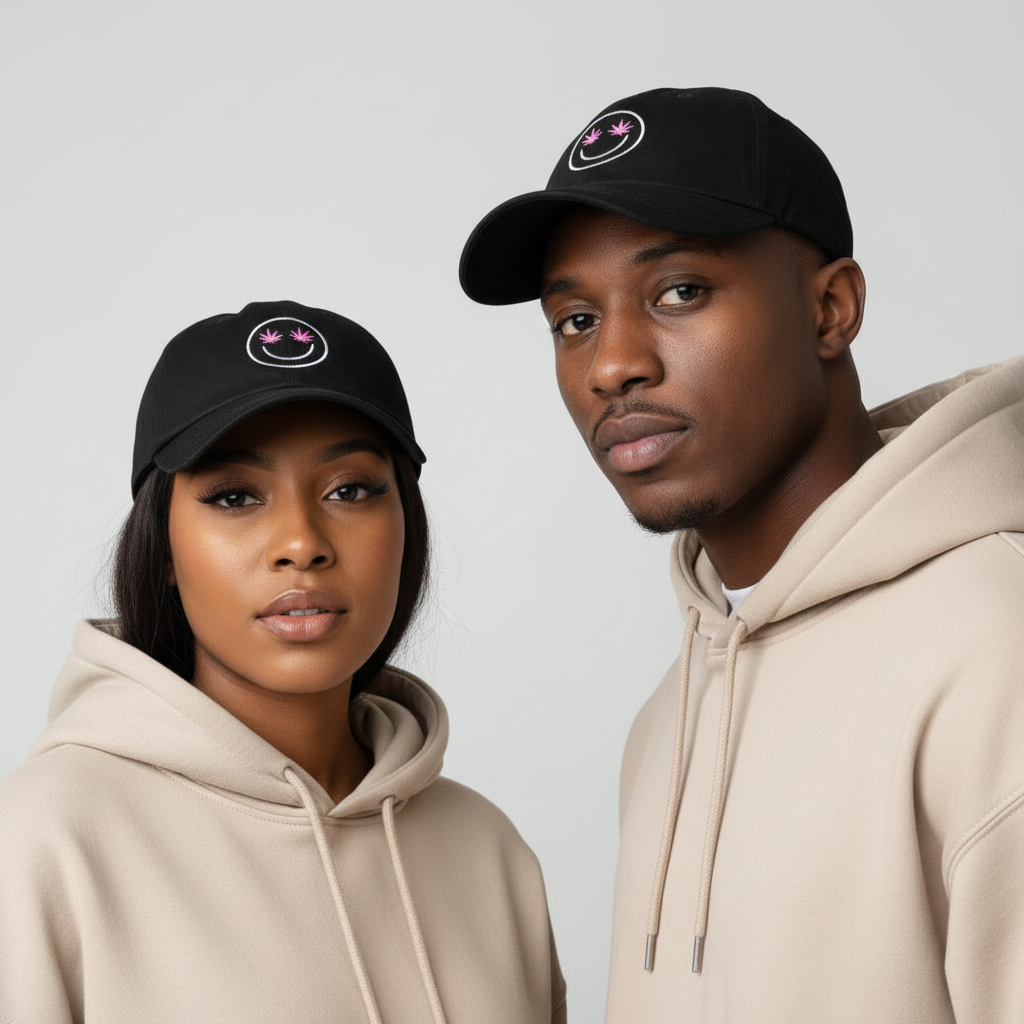 Nigerian male and female models wearing black smiley face leaf eyes embroidered dad cap