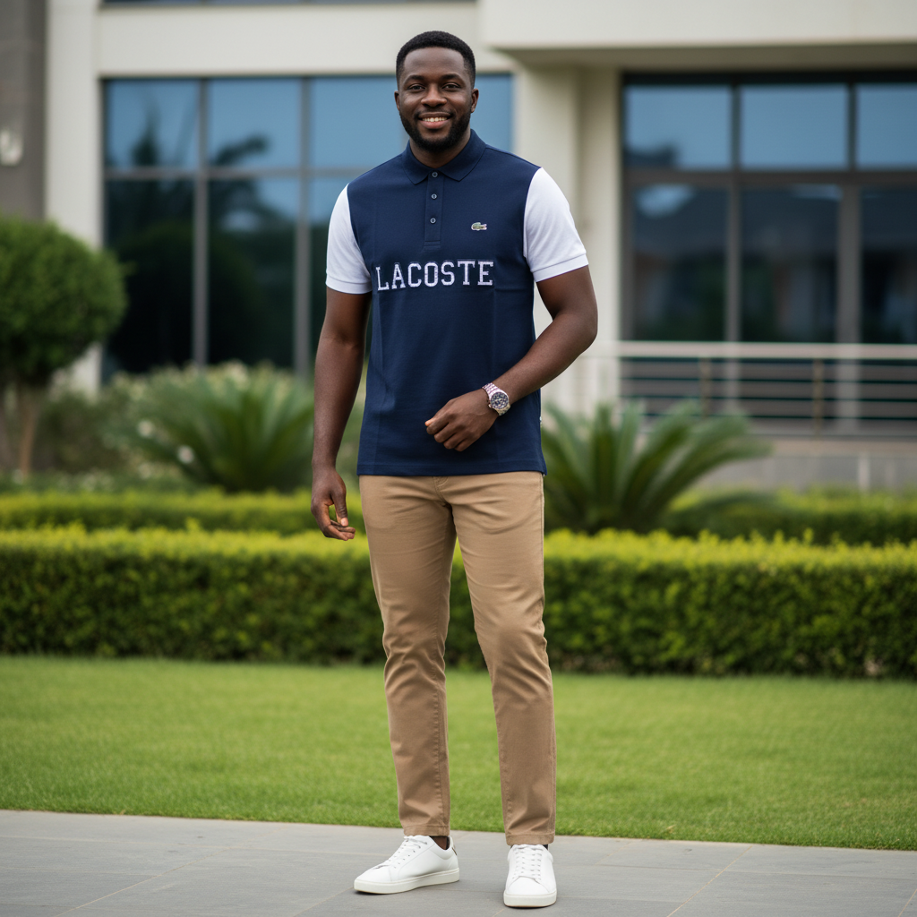 Nigerian male model wearing navy and white two-tone polo shirt in garden setting