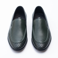 Straight-on dark green perforated loafers with woven-effect toe detailing