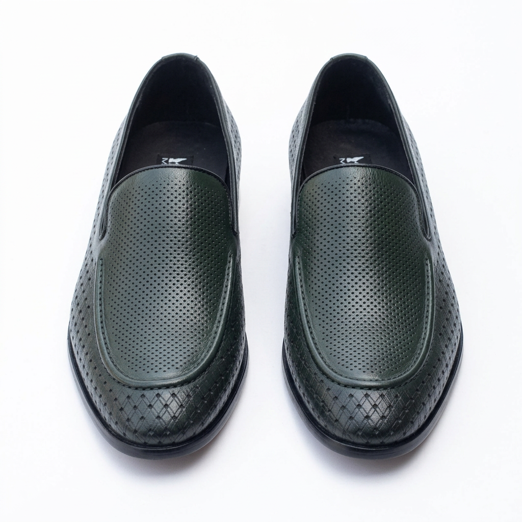 Straight-on dark green perforated loafers with woven-effect toe detailing