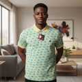 Young Nigerian male model wearing yellow retro floral print polo shirt, front view