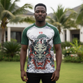 Nigerian male model wearing white and green dragon face raglan football jersey front view