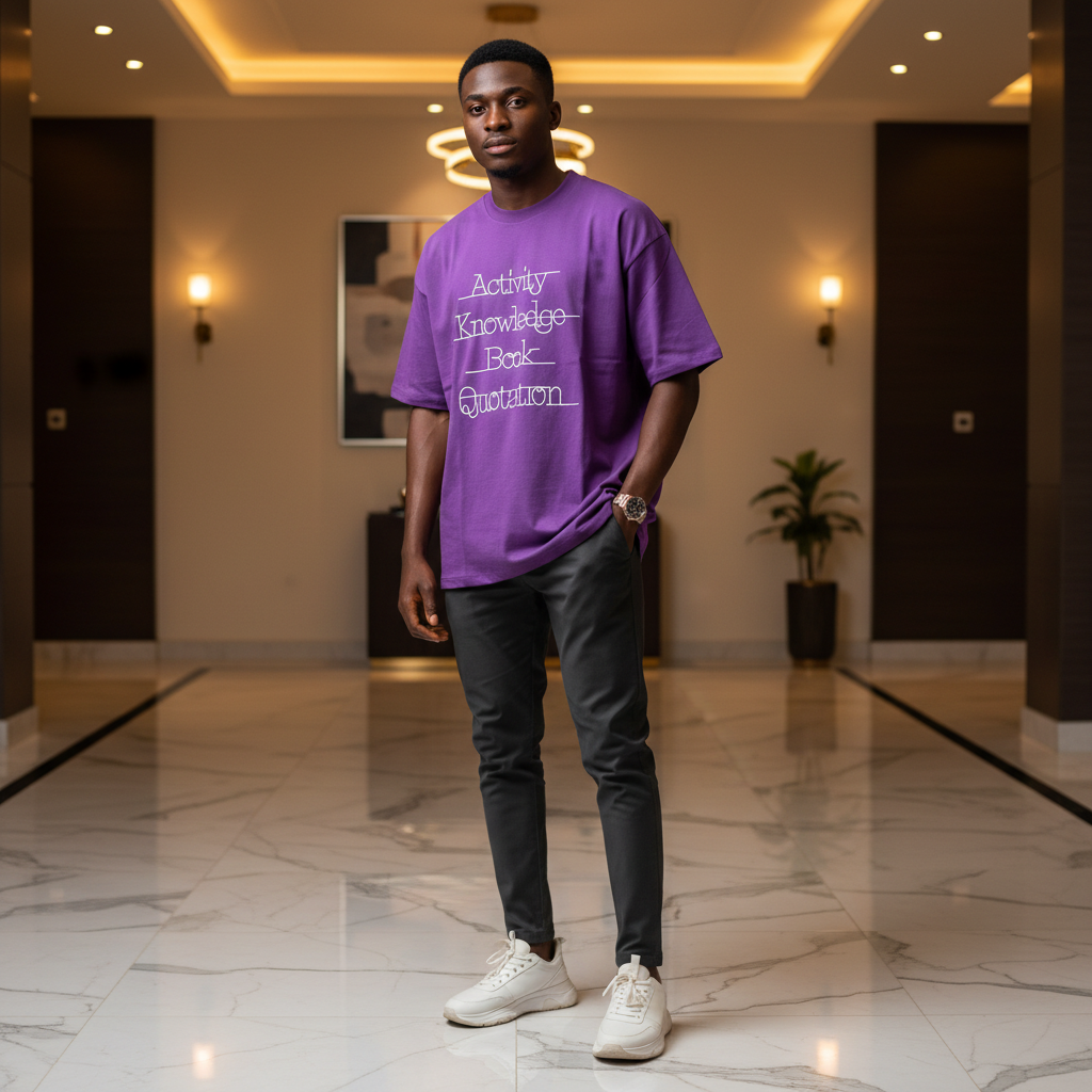 Purple Strikethrough Text Graphic Oversized Tee – Model Shot