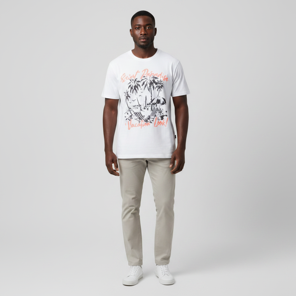 Model wearing the white tropical beach print tee