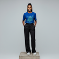 Nigerian female model front view wearing royal blue rhinestone crown globe T-shirt