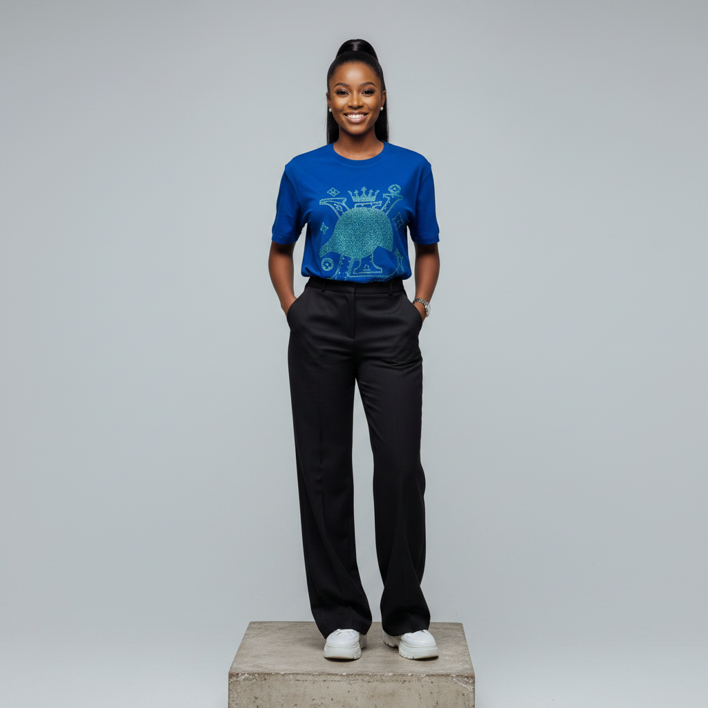 Nigerian female model front view wearing royal blue rhinestone crown globe T-shirt