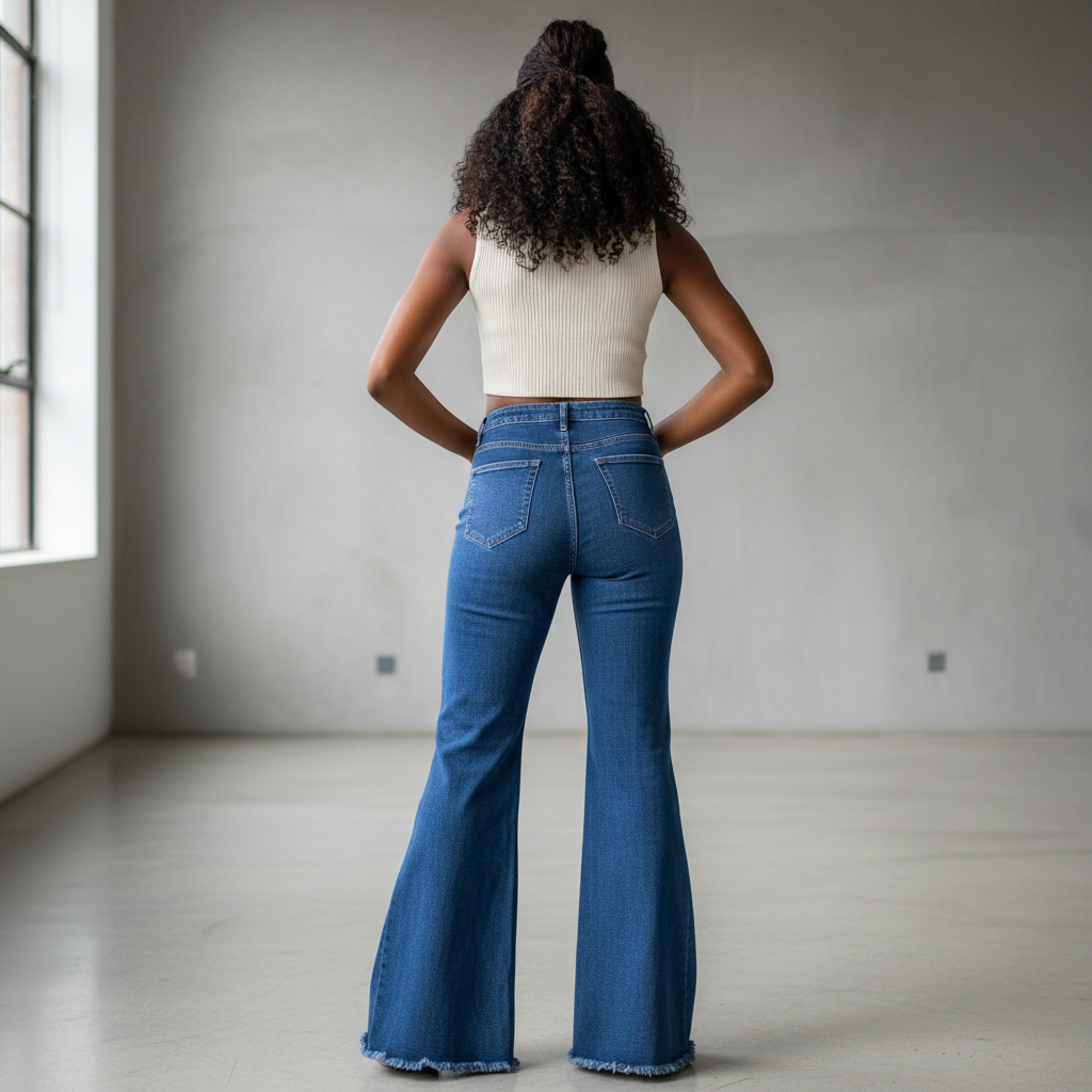 Nigerian female model wearing dark blue wide-leg flare jeans back view