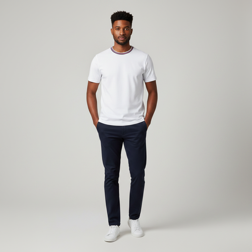 Young Nigerian male wearing white plain slim fit crew neck tee
