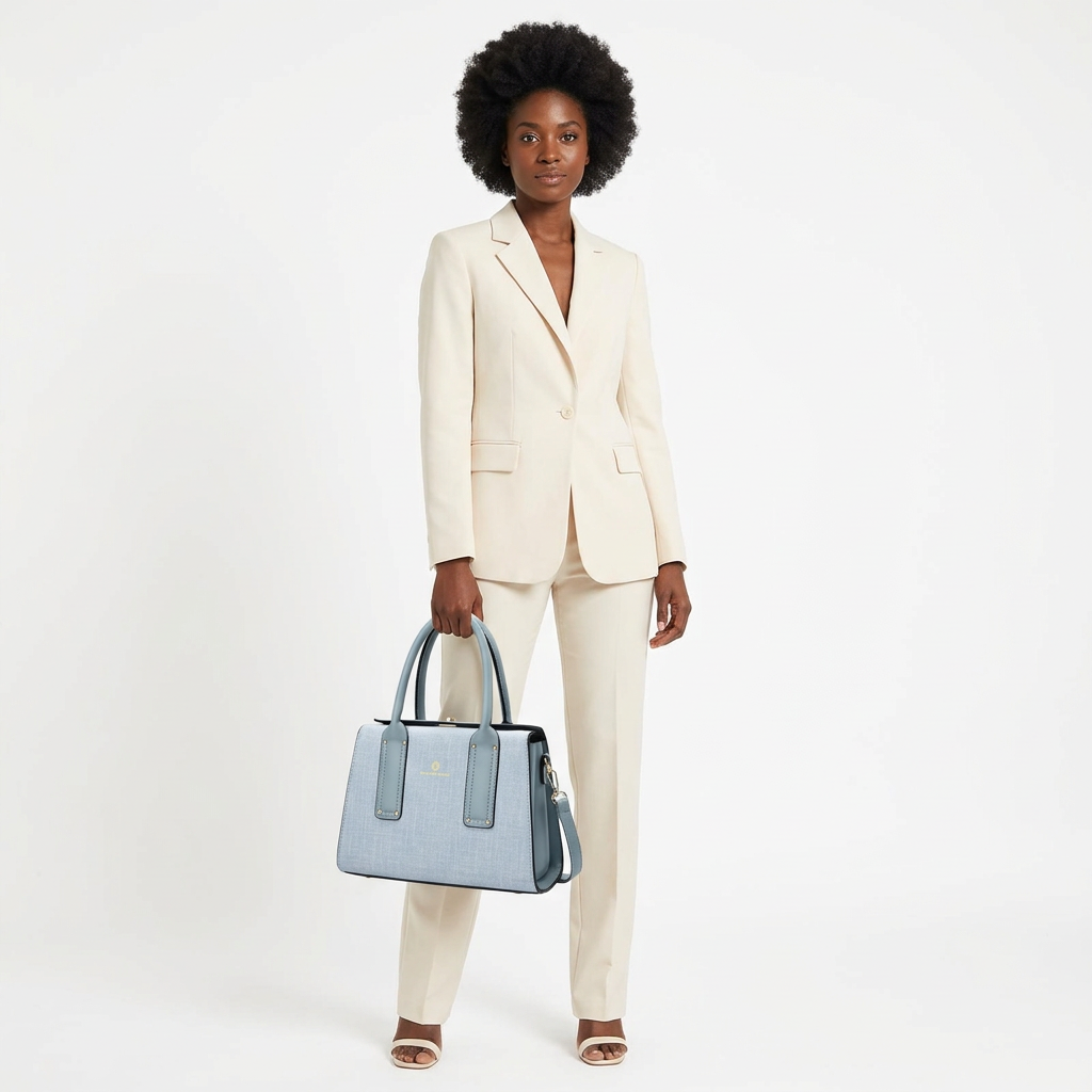 Woman in cream tailoring carrying one pale blue textured twin-handle handbag