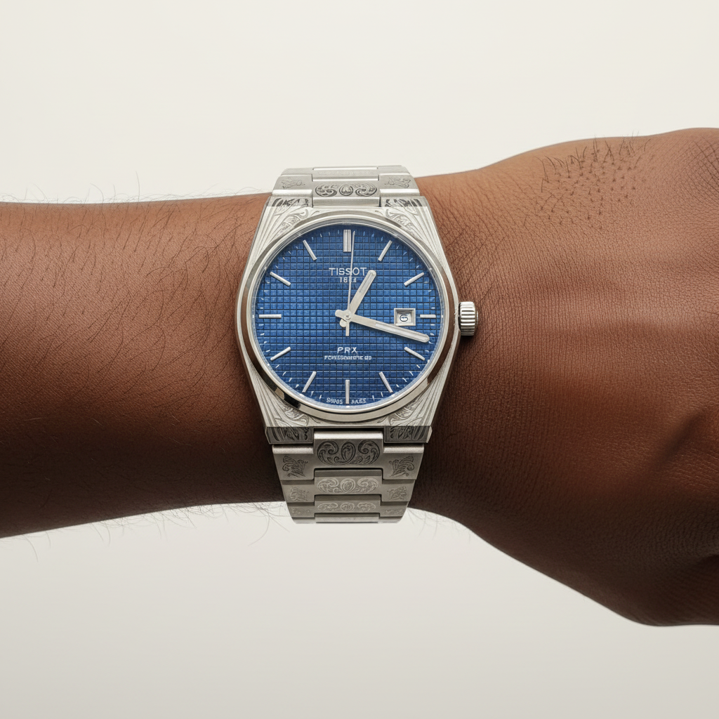 Nigerian male wrist wearing silver engraved royal blue tapisserie dial dress watch