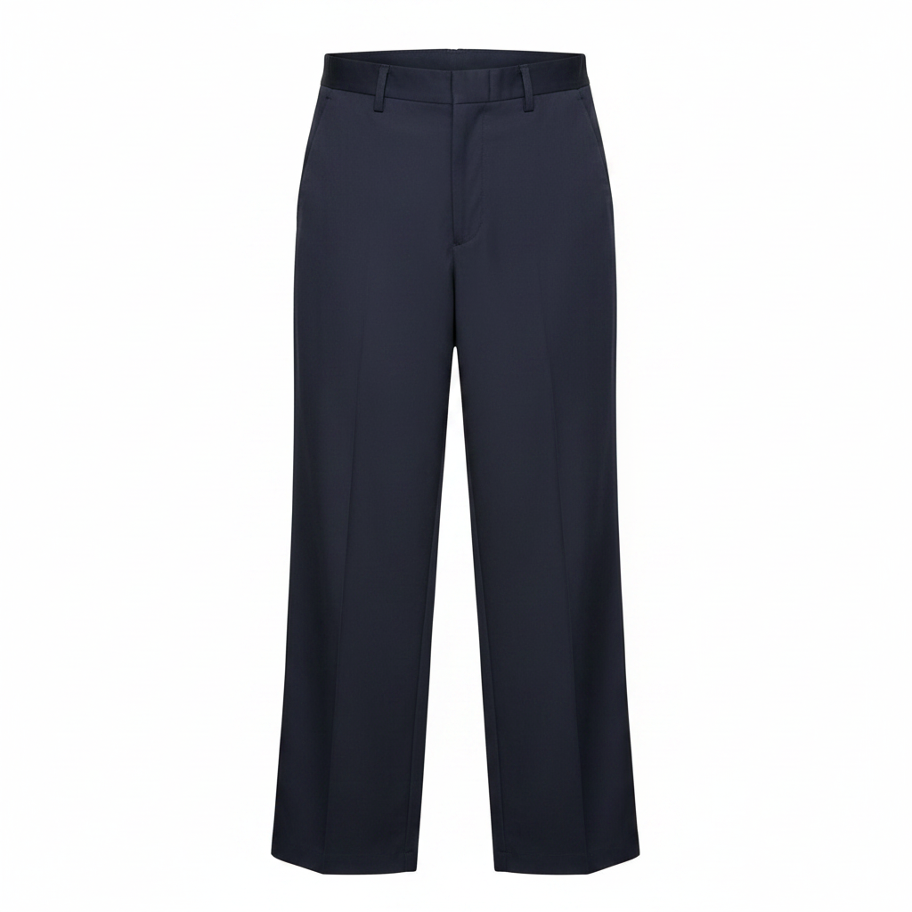 Navy blue wide-leg trousers on ghost mannequin, white background