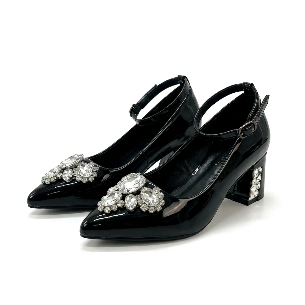 Matching black jewel-cluster ankle-strap block heels together