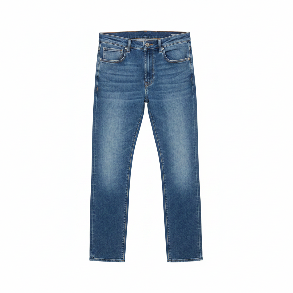 Men's faded blue wash straight leg denim jeans ghost mannequin front view on white background