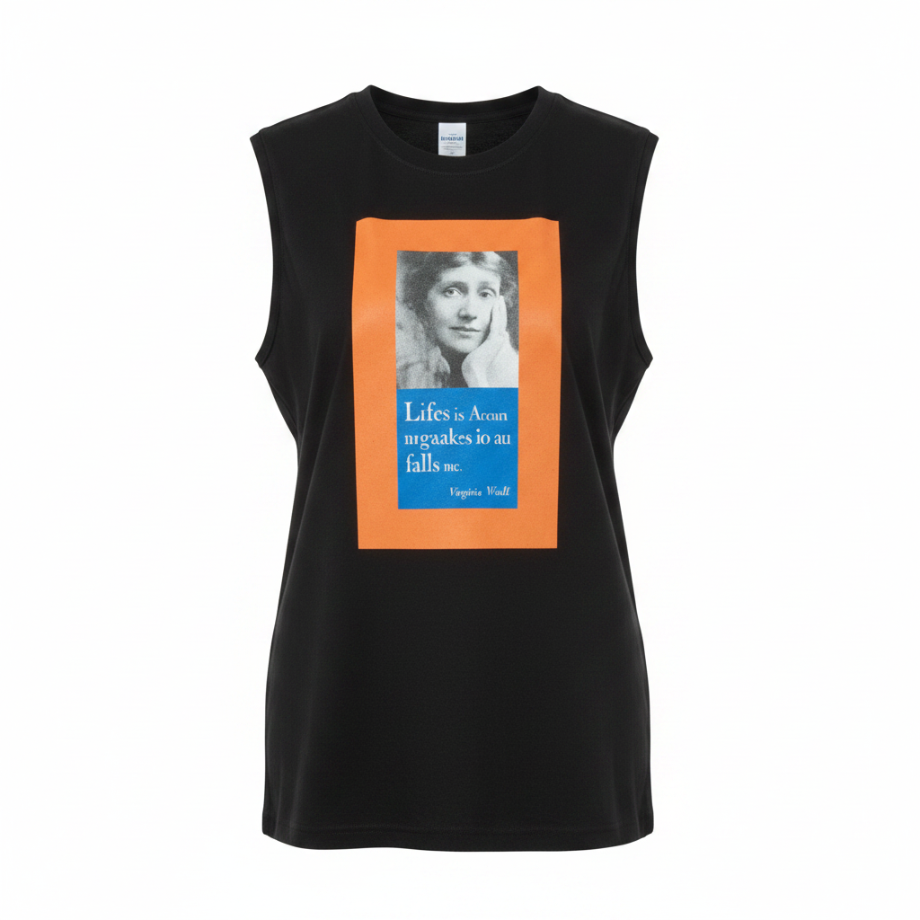 Black graphic sleeveless vest on ghost mannequin, white background