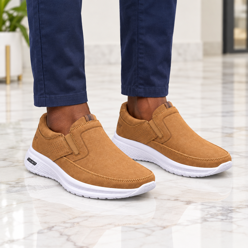 Man wearing camel suede-look slip-on comfort sneakers