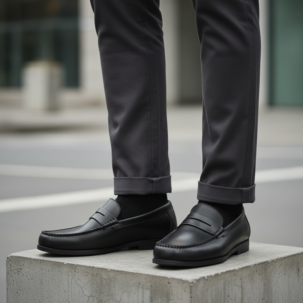 Model wearing all-black smooth calfskin leather penny loafers leg shot