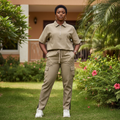 Nigerian female model wearing Unisex Khaki Half-Zip Shirt & Cargo Trousers Co-ord Set