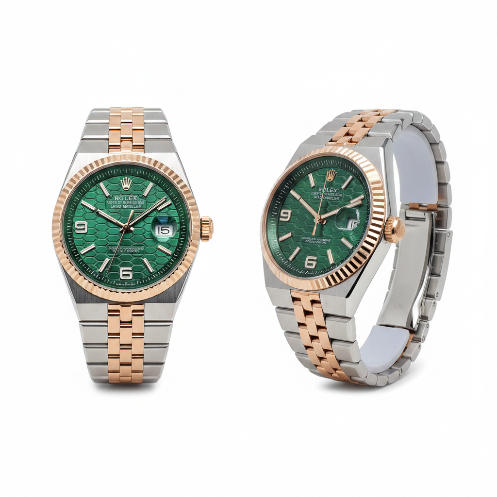Two-tone silver and rose gold Oyster Perpetual watch with green honeycomb dial, front and side view on white background
