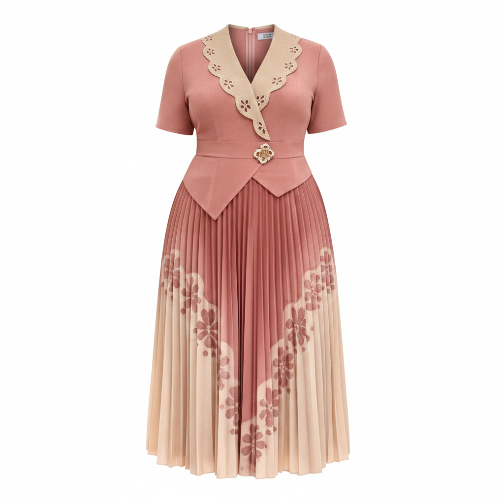 Dusty rose to cream ombre pleated midi gown with scalloped lace collar and floral embroidery, ghost mannequin view