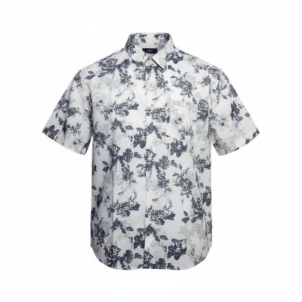 White Rose Floral Print Short-Sleeved Shirt - Ghost Mannequin